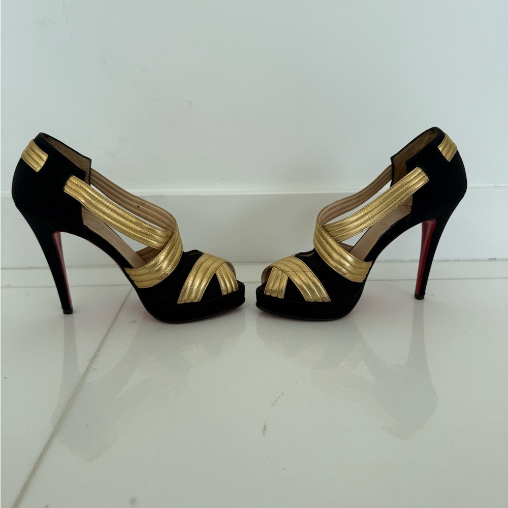 Christian Louboutin Black and Gold Heels with Strappy Design
